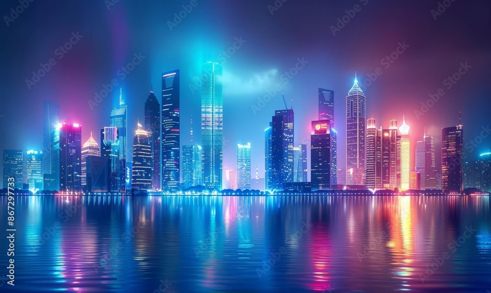 Futuristic smart city skyline, photorealistic, advanced architecture, vibrant lights, hightech infrastructure, seamless connectivity, ecofriendly design, dynamic atmosphere Futuristic smart city skyline, photorealistic, advanced architecture, vibrant lights, hightech infrastructure, seamless connectivity, ecofriendly design, dynamic atmosphere