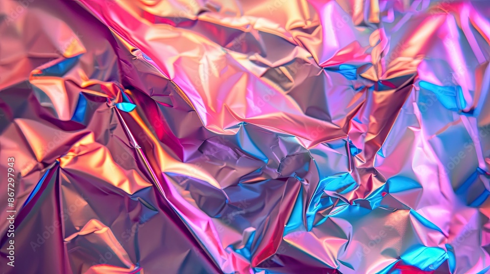 Crumpled pink foil. The background shimmers with all the colors of the rainbow. Crumpled pink foil. The background shimmers with all the colors of the rainbow.