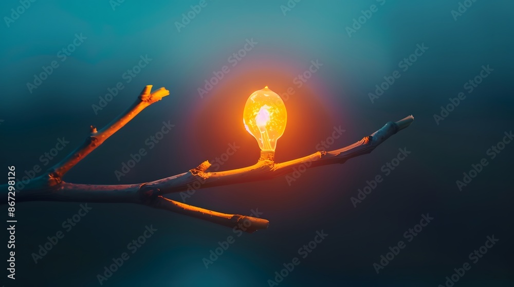 Fototapeta premium A glowing light bulb sits on a bare tree branch, symbolizing hope and new beginnings