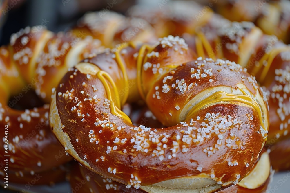 Close-Up of Salted Pretzel with Mustard Drizzle Close-Up of Salted Pretzel with Mustard Drizzle