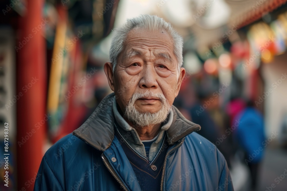 Portrait of a senior chinese man with a gray goatee posing outdoors