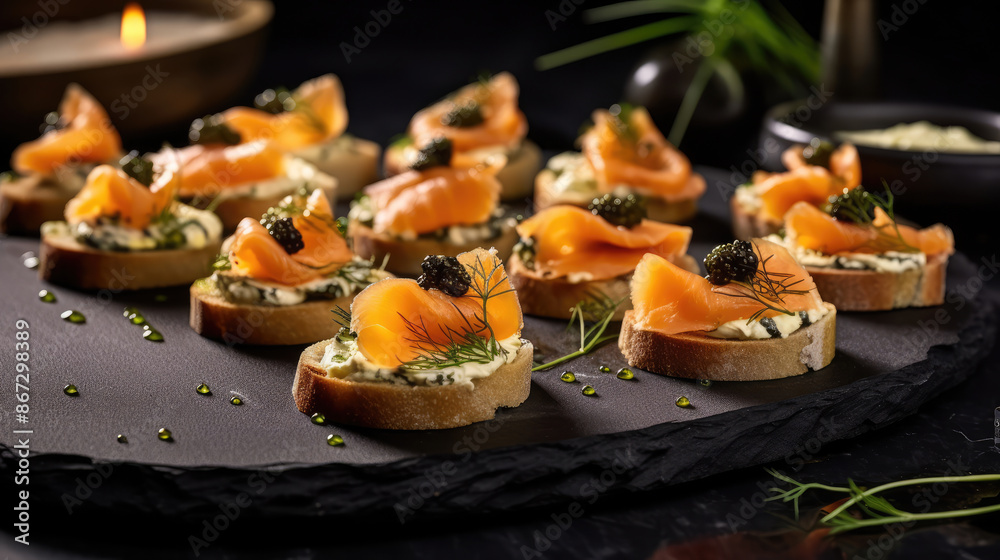 Delicious canap茅s topped with cheese and smoked salmon. Dish of delicious crostini with smoked salmon, courgette and cheese, Italian appetizers., generative ai