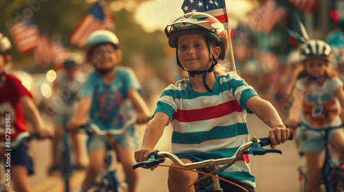 Colorful american Children's Parade with USA flag, happy Young Patriots Marching riding bicycle with Pride