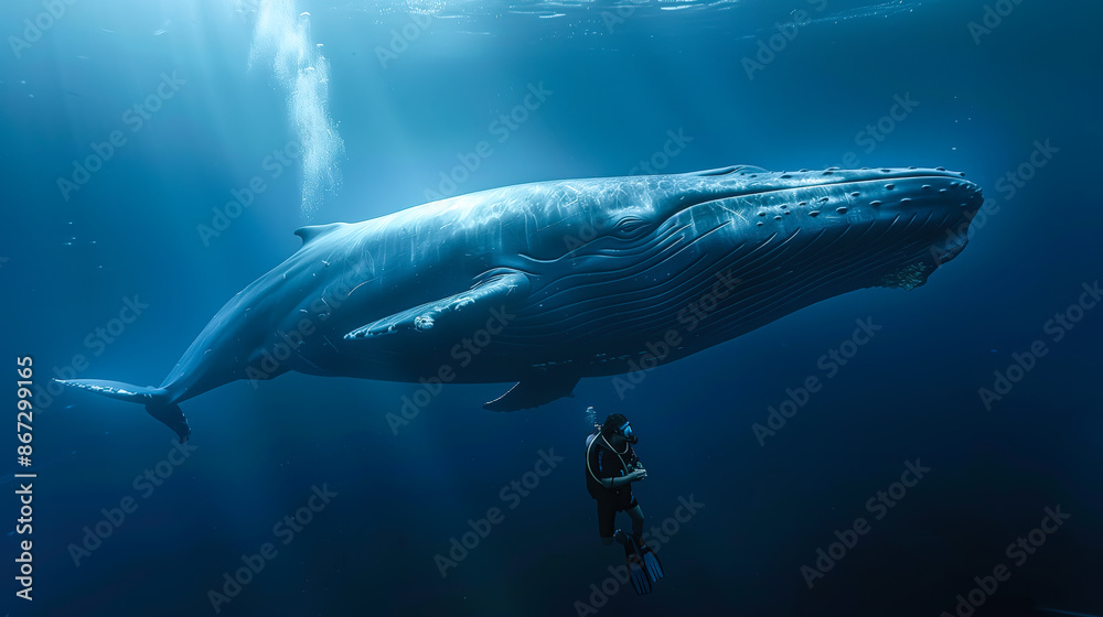 A blue whale swims underwater with a scuba diver near the surface. The concept of marine life, human exploration, and the majestic beauty of ocean giants. Generative AI. A blue whale swims underwater with a scuba diver near the surface. The concept of marine life, human exploration, and the majestic beauty of ocean giants. Generative AI.