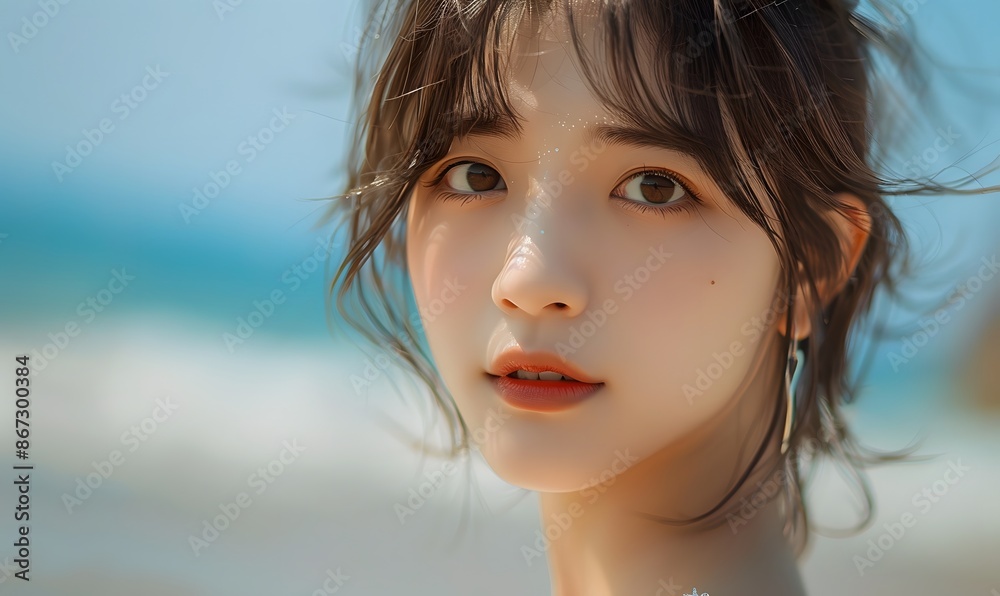 Young and cute Korean woman on the beach on a sunny day, Generative AI Young and cute Korean woman on the beach on a sunny day, Generative AI