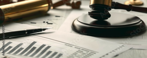 Legal contract with a bank logo, signed with a pen, placed on a polished desk alongside financial charts and a gavel, symbolizing the intersection of banking and legal