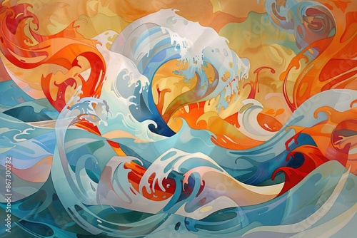 Watercolor abstract seascape, dynamic waves, bold colors, flowing lines, modern and captivating