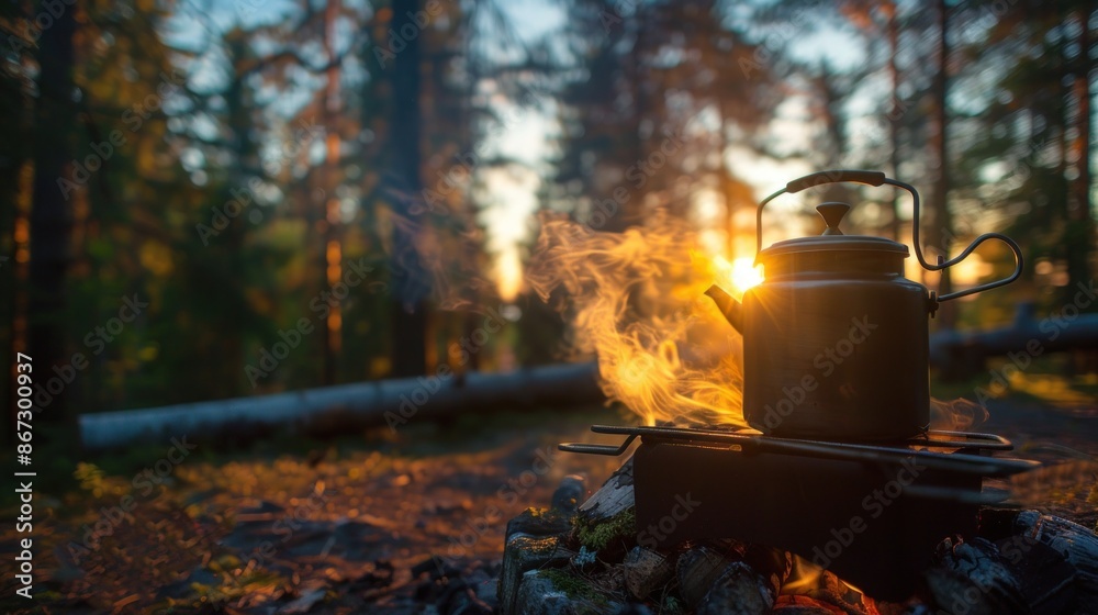 A kettle sits against a campfire backdrop. A kettle sits against a campfire backdrop.