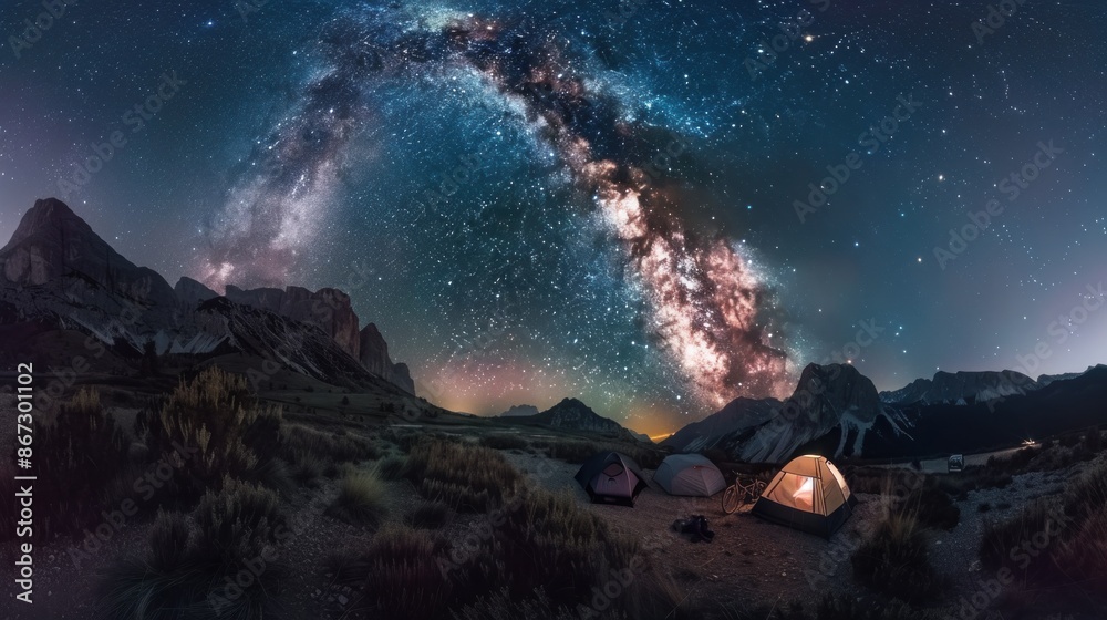 Adventure and travel, campers in the mountains under a starry sky with the Milky Way, the serene panorama showcasing the beauty of nature and the thrill of exploration. Adventure and travel, campers in the mountains under a starry sky with the Milky Way, the serene panorama showcasing the beauty of nature and the thrill of exploration.