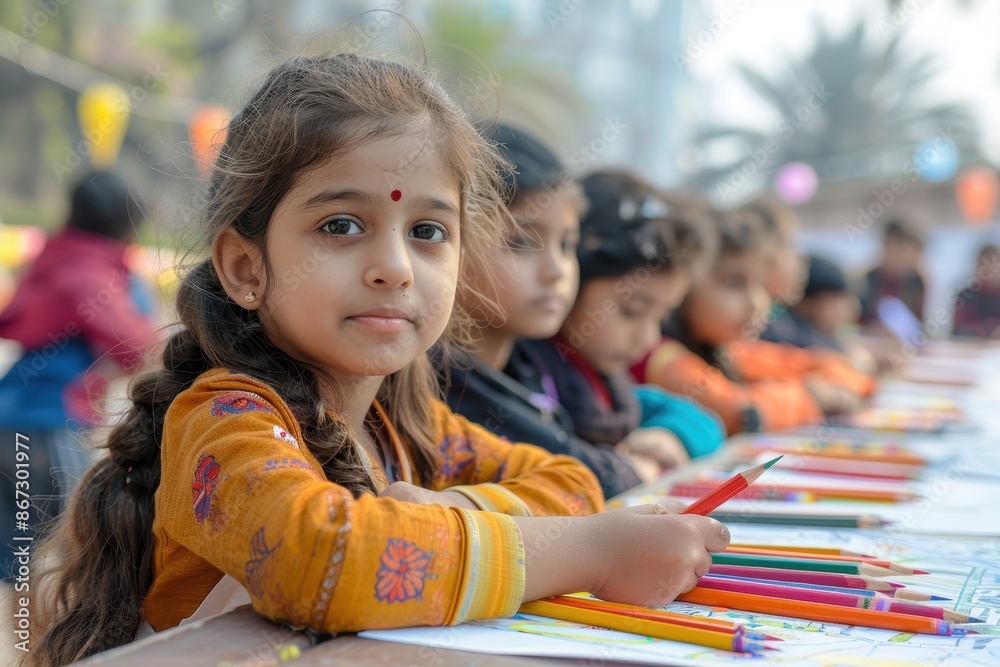 Young Girl Focused on Drawing with Colored Pencils Young Girl Focused on Drawing with Colored Pencils