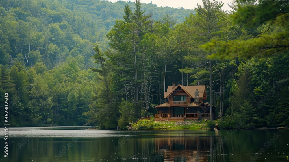 Fototapeta premium A secluded cabin nestled among the serene beauty of a peaceful lake and dense woods, with the towering summits and rugged cliffs in the background creating a perfect retreat