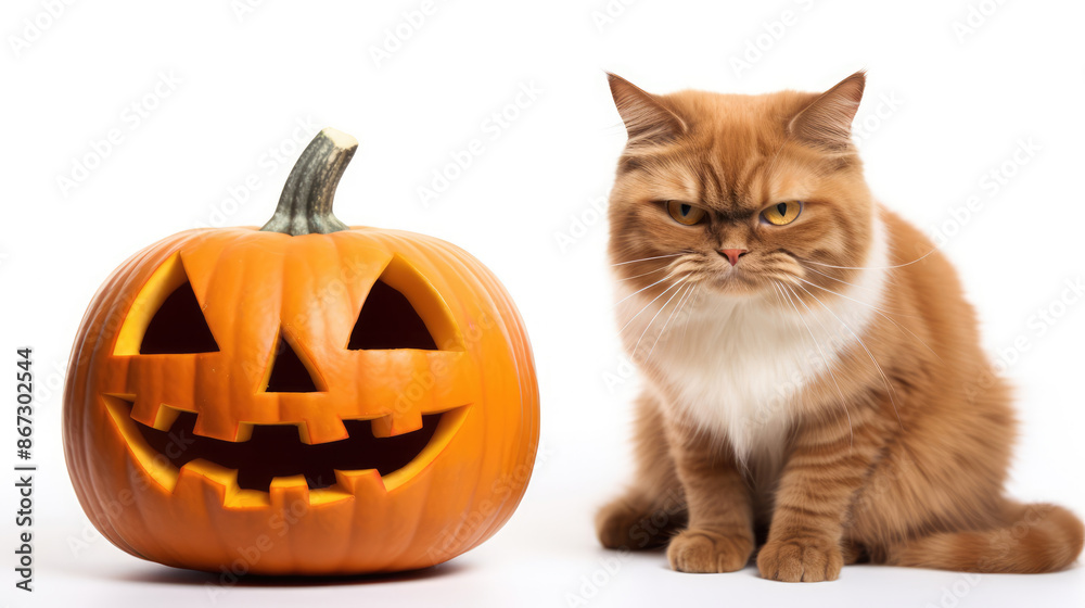 Angry ginger cat with Halloween pumpkin carved, isolated on white background. Kitten and pumpkin on white. Halloween holidays. Autumn season. October. Autumn mood., generative ai Angry ginger cat with Halloween pumpkin carved, isolated on white background. Kitten and pumpkin on white. Halloween holidays. Autumn season. October. Autumn mood., generative ai