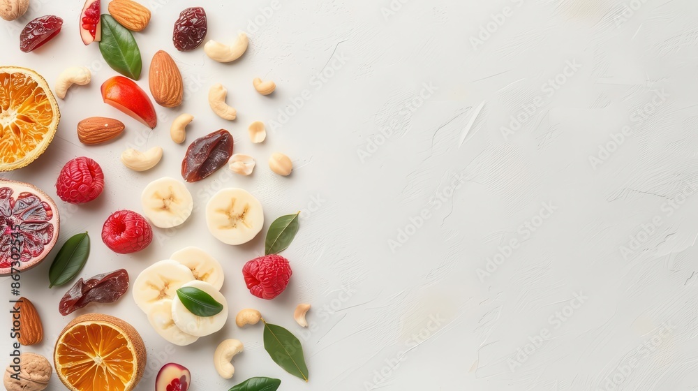 Assortment of fruits, nuts, and dried fruit on a white background. Assortment of fruits, nuts, and dried fruit on a white background.