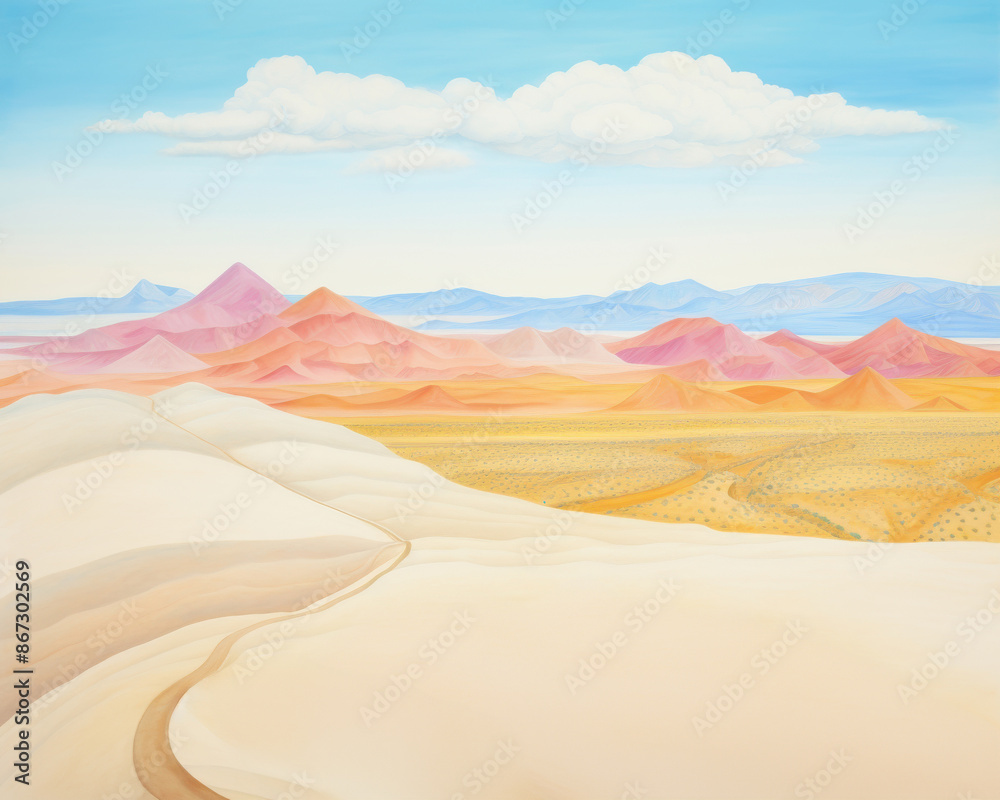 Naklejka premium Watercolor illustration, Serene desert vista featuring a bright, rolling rainbow dunes, and a calm horizon