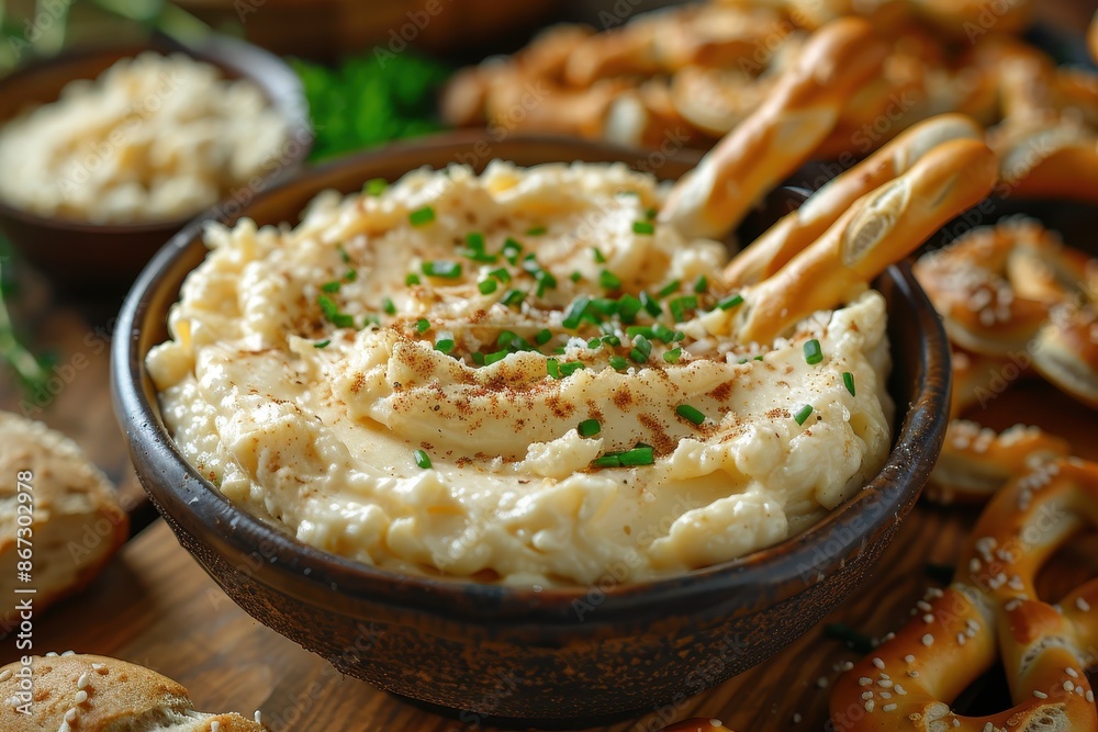 Close-up of Creamy Cheese Dip with Pretzel Sticks and Chives Close-up of Creamy Cheese Dip with Pretzel Sticks and Chives