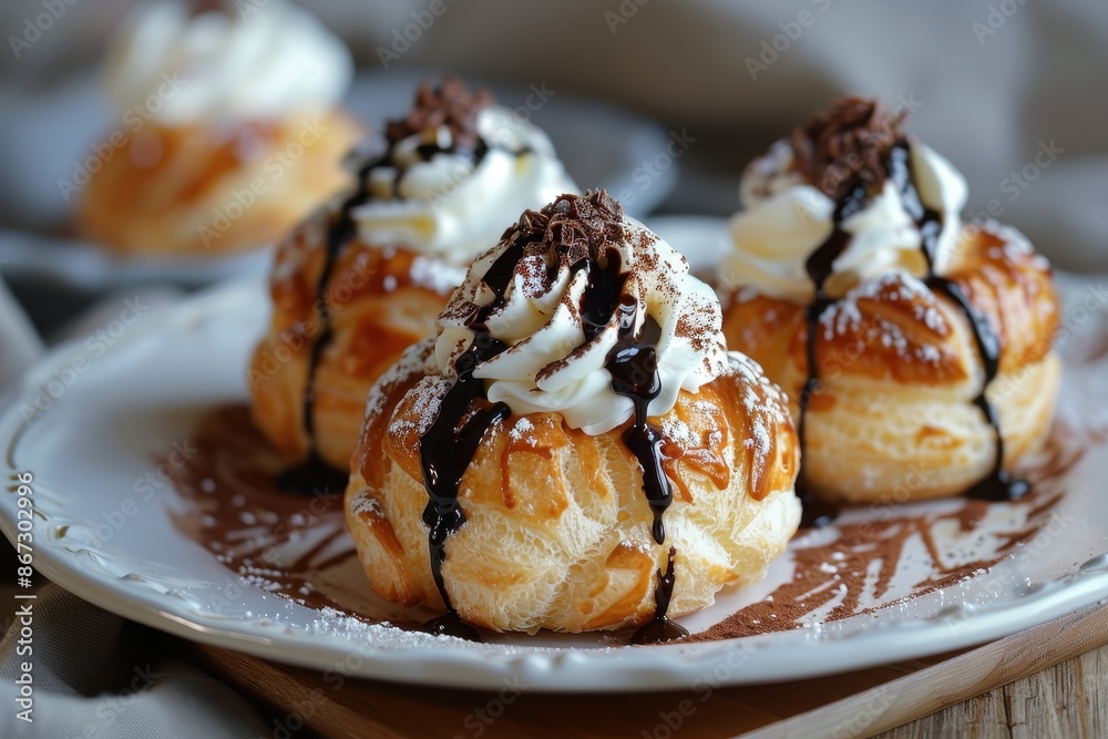 Gourmet Pastry with Whipped Cream, Chocolate Drizzle, and Powdered Sugar Gourmet Pastry with Whipped Cream, Chocolate Drizzle, and Powdered Sugar
