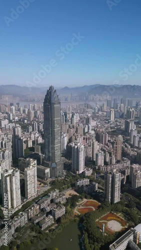 The drone aerial footage of downtown district of Wenzhou city, Zhejiang Province, China. Wenzhou historically known as Wenchow is a prefecture-level city in China's Zhejiang province. photo