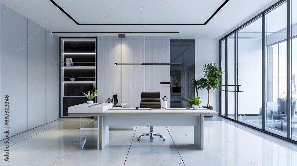 A clean 3D model of a minimalist business workspace with a large desk and minimal decorations. List of Art Media Minimalist realistic A clean 3D model of a minimalist business workspace with a large desk and minimal decorations. List of Art Media Minimalist realistic