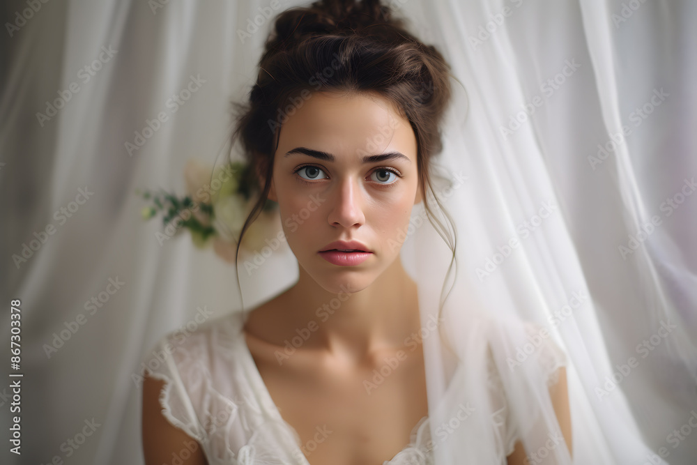 Bride in wedding dress with exhausted and sad facial expression Bride in wedding dress with exhausted and sad facial expression