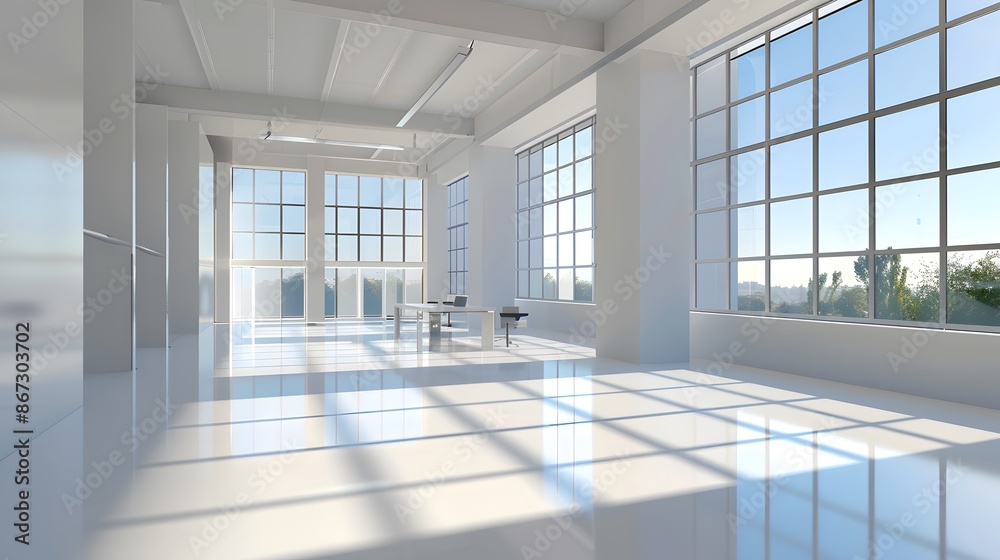 A clean 3D model of a minimalist business office with a large window and a single desk. List of Art Media Minimalist realistic A clean 3D model of a minimalist business office with a large window and a single desk. List of Art Media Minimalist realistic