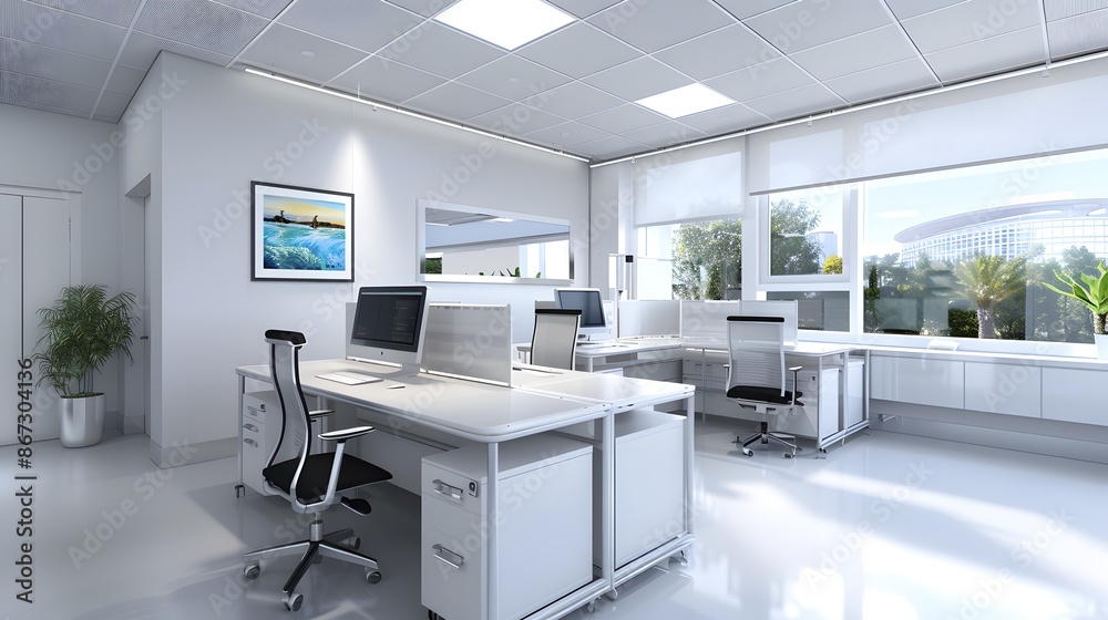A clean 3D model of a minimalist office cubicle with a desk and minimal decorations. List of Art Media Minimalist realistic A clean 3D model of a minimalist office cubicle with a desk and minimal decorations. List of Art Media Minimalist realistic