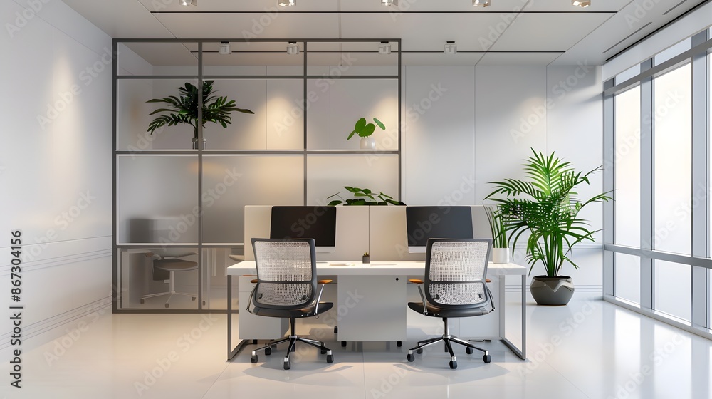 A clean 3D model of a minimalist office cubicle with a desk and minimal decorations. List of Art Media Minimalist realistic A clean 3D model of a minimalist office cubicle with a desk and minimal decorations. List of Art Media Minimalist realistic
