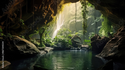 Fototapeta Naklejka Na Ścianę i Meble -  Beautiful waterfall with sunlight in the jungle. Waterfall streams in the green jungle arched cave,, generative ai