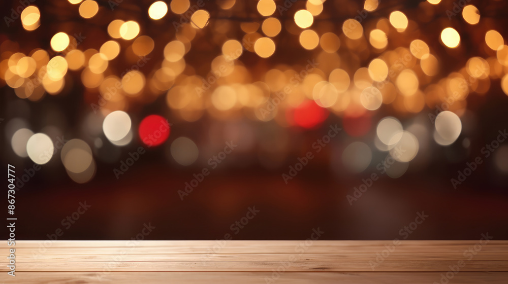 Empty wooden table top with blurred restaurant with abstract bokeh light on background. Lights decoration Party Event Festival Holiday blur background. outdoor string lights. generative ai Empty wooden table top with blurred restaurant with abstract bokeh light on background. Lights decoration Party Event Festival Holiday blur background. outdoor string lights. generative ai