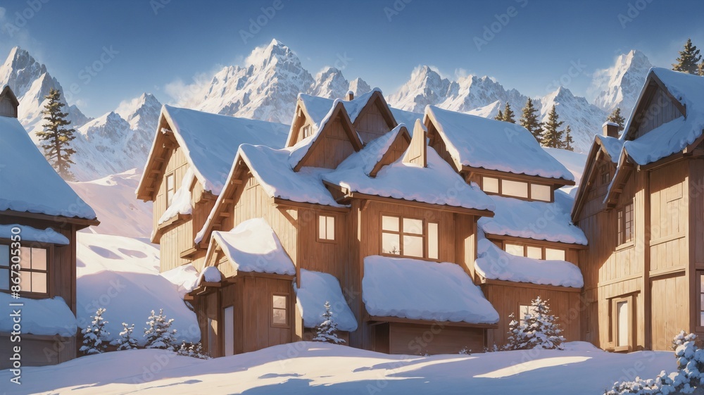 Naklejka premium 雪に覆われた美しい山間の村