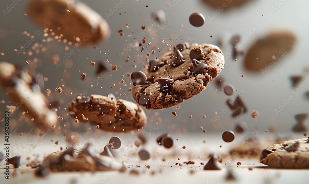 Chocolate chip cookie crumbs and chunks of chocolate floating in the air, Generative AI Chocolate chip cookie crumbs and chunks of chocolate floating in the air, Generative AI