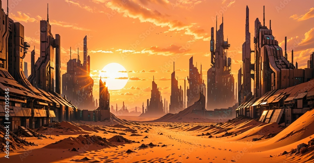 Naklejka premium desert sci-fi cyberpunk city at sunset. futuristic dystopian town buildings and tall towers on the horizon. abandoned ghost town.