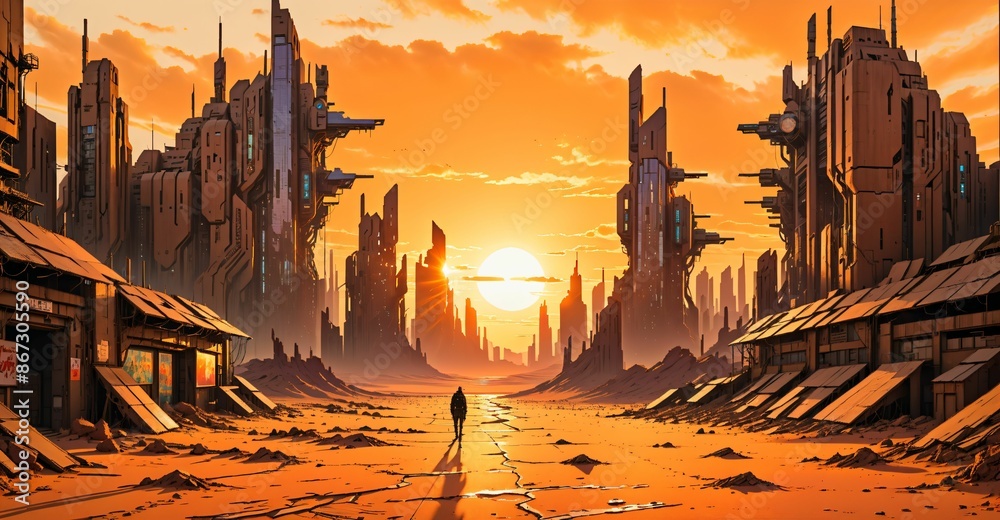 Naklejka premium desert sci-fi cyberpunk city at sunset. futuristic dystopian town buildings and tall towers on the horizon. abandoned ghost town.