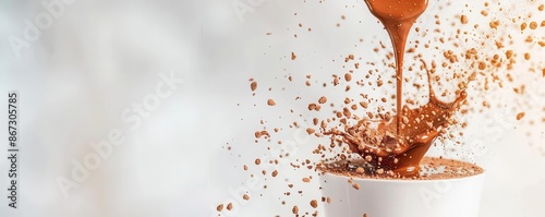 Closeup of chocolate pouring into a white mug with a splash, white background. photo