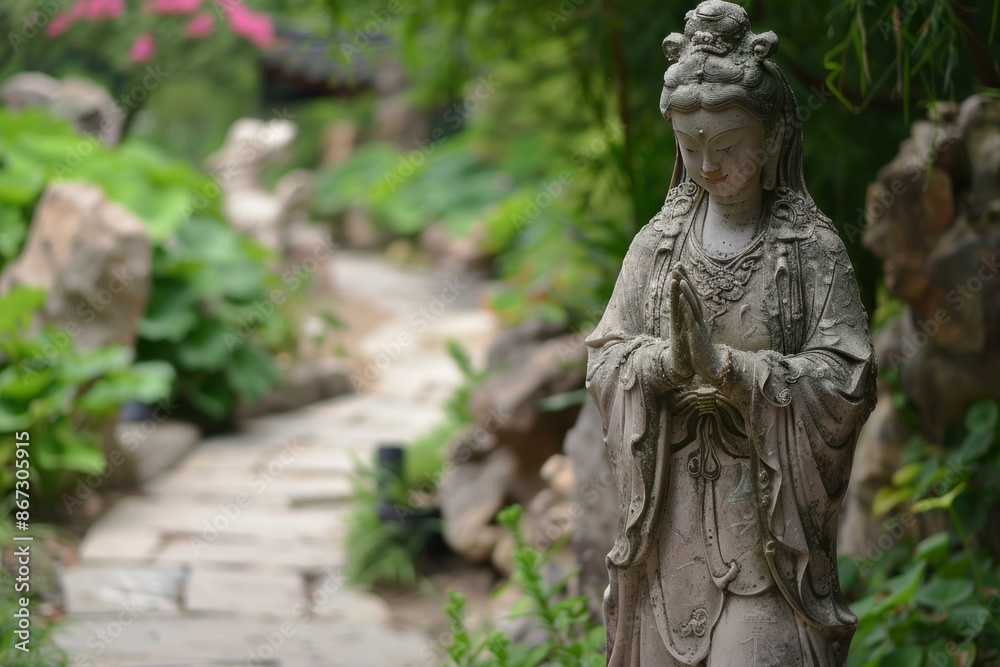 Fototapeta premium Weathered stone statue of guanyin with hands in prayer position standing in a lush garden