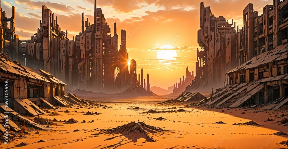 Naklejka premium desert sci-fi cyberpunk city at sunset. futuristic dystopian town buildings and tall towers on the horizon. abandoned ghost town.