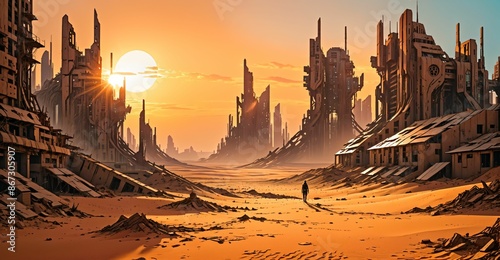 desert sci-fi cyberpunk city at sunset. futuristic dystopian town buildings and tall towers on the horizon. abandoned ghost town.