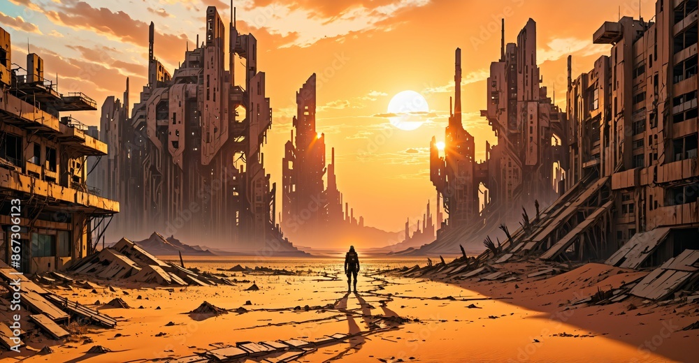 Naklejka premium desert sci-fi cyberpunk city at sunset. futuristic dystopian town buildings and tall towers on the horizon. abandoned ghost town.