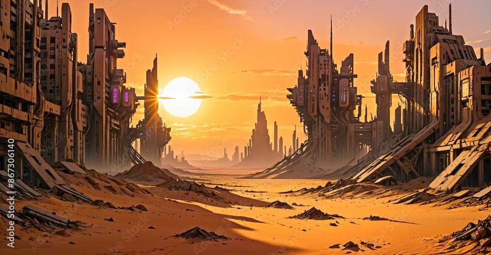 Naklejka premium desert sci-fi cyberpunk city at sunset. futuristic dystopian town buildings and tall towers on the horizon. abandoned ghost town.
