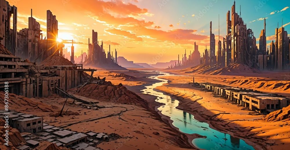 Naklejka premium river through desert sci-fi cyberpunk city at sunset. futuristic dystopian town buildings and tall towers on the horizon. abandoned ghost town oasis.