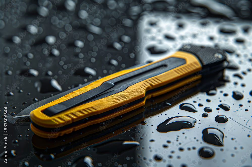 Modern utility knife with yellow ergonomic design displayed on a textured black surface, emphasizing its sleek and professional look.. AI generated. Modern utility knife with yellow ergonomic design displayed on a textured black surface, emphasizing its sleek and professional look.. AI generated.