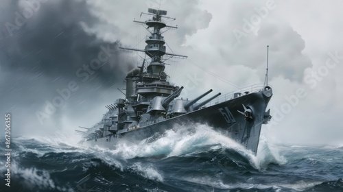 A formidable battleship patrolling the seas, equipped with advanced technology and weaponry