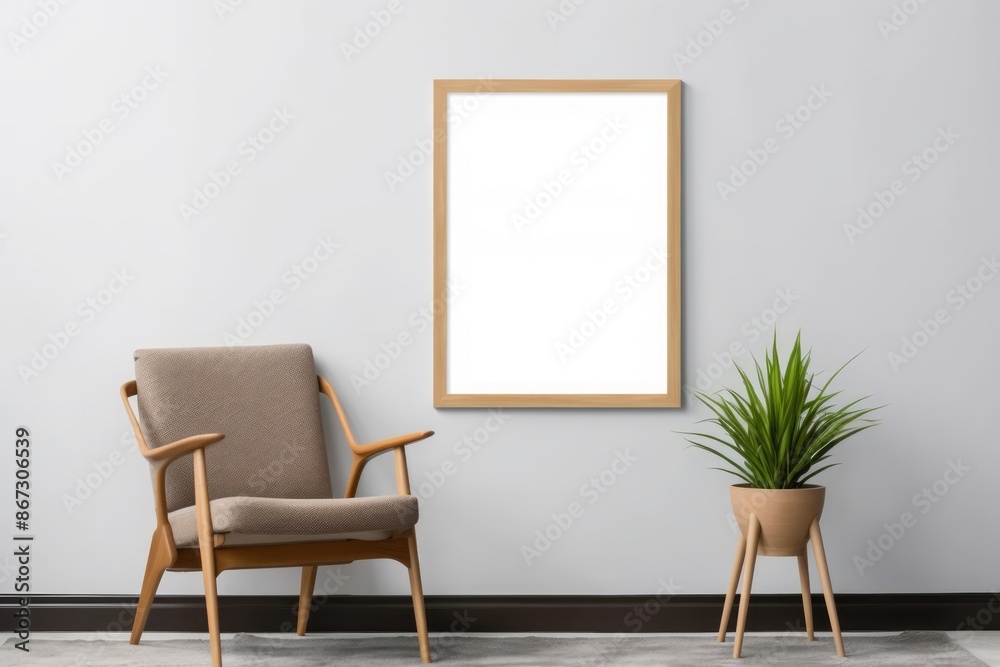 Interior poster mock up with vertical empty wooden frame on wall, brown armchair and plant in vase in room with white wall. Interior poster mock up with vertical empty wooden frame on wall, brown armchair and plant in vase in room with white wall.