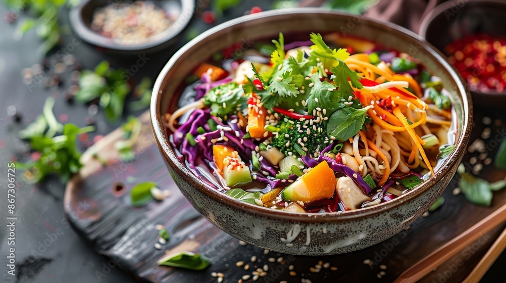 Delicious and Colorful Asian Noodle Soup in a Bowl Delicious and Colorful Asian Noodle Soup in a Bowl