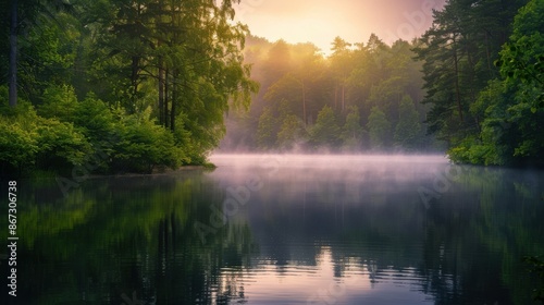 Wallpaper Mural Whispery mist rising from a calm lake in the early morning light, surrounded by a tranquil forest Torontodigital.ca