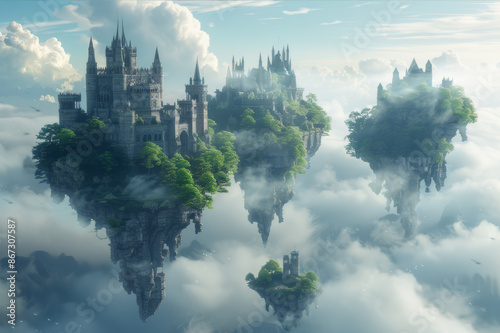 Fantasy landscape showing different levels of a mythical world, featuring floating islands, castles, and diverse terrains.. AI generated.