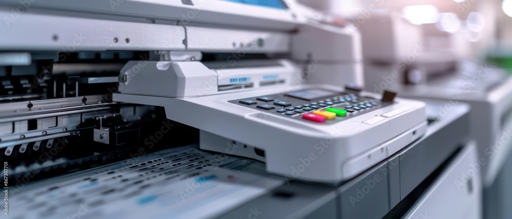 A hightech printer producing crisp, detailed documents with advanced printing technology A hightech printer producing crisp, detailed documents with advanced printing technology