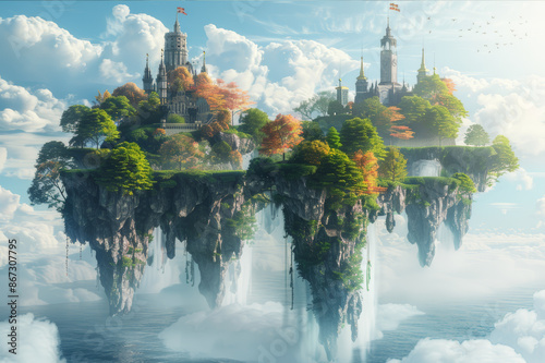 Fantasy landscape showing different levels of a mythical world, featuring floating islands, castles, and diverse terrains.. AI generated.