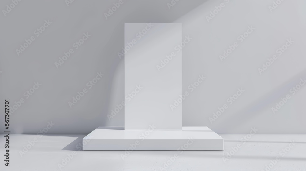 Obraz premium Realistic white empty portable booth stand with blank vertical pull-up banner, perfect for advertising and promotion, modern mockup