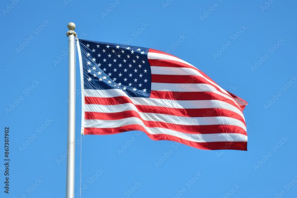 A large American flag waving in the wind against a clear blue sky A large American flag waving in the wind against a clear blue sky