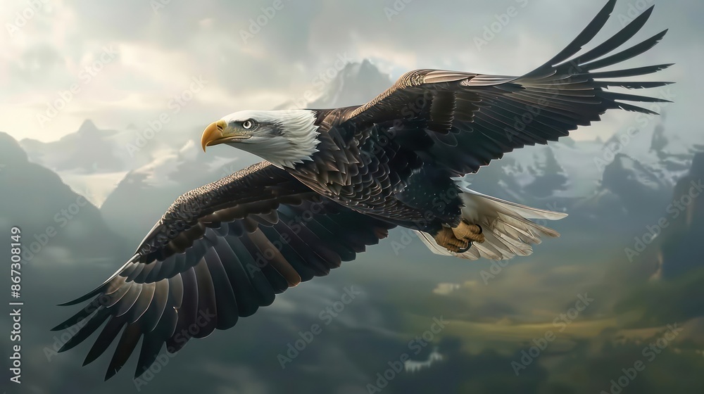 A majestic bald eagle soaring over a scenic landscape, symbolizing freedom A majestic bald eagle soaring over a scenic landscape, symbolizing freedom